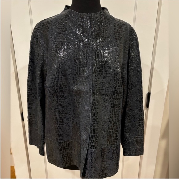 Chico’s NEW Genuine Leather Reversible Jacket Midnight Blue Python Women Size 16 - Picture 2 of 11